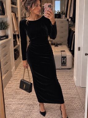 DATIANI Vintage Black Velvet Rhinestone Deep V Back Maxi Dress